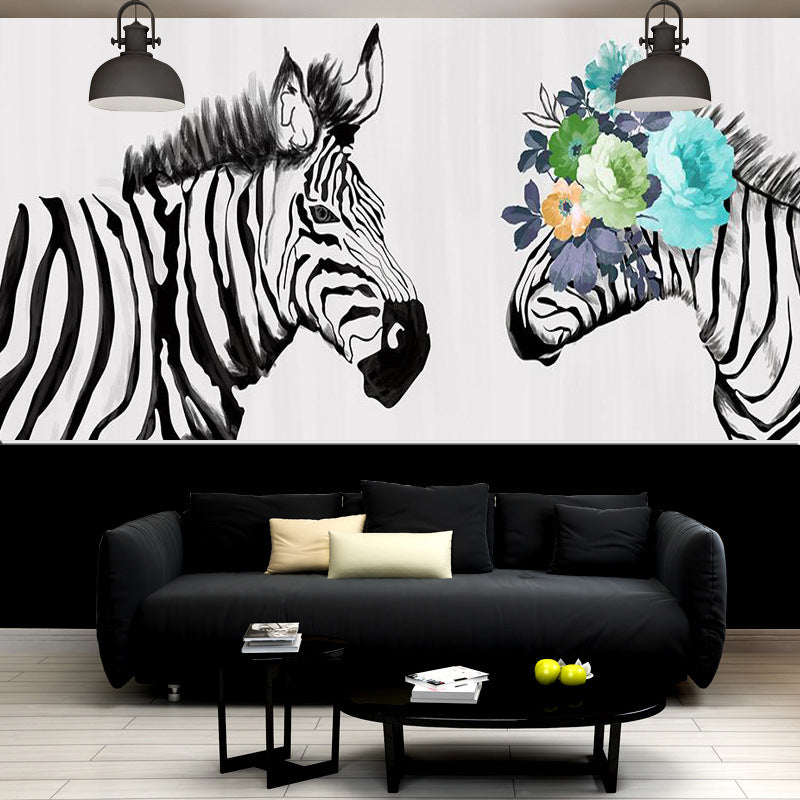 Whole Illustration Contemporary Wall Art for Coffee Shop Black and White Zebra Wall Mural Black-White Clearhalo 'Wall Decor' 'Wall Mural' 962592