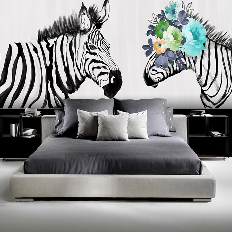 Whole Illustration Contemporary Wall Art for Coffee Shop Black and White Zebra Wall Mural Clearhalo 'Wall Decor' 'Wall Mural' 962593