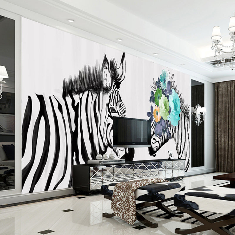 Whole Illustration Contemporary Wall Art for Coffee Shop Black and White Zebra Wall Mural Clearhalo 'Wall Decor' 'Wall Mural' 962594