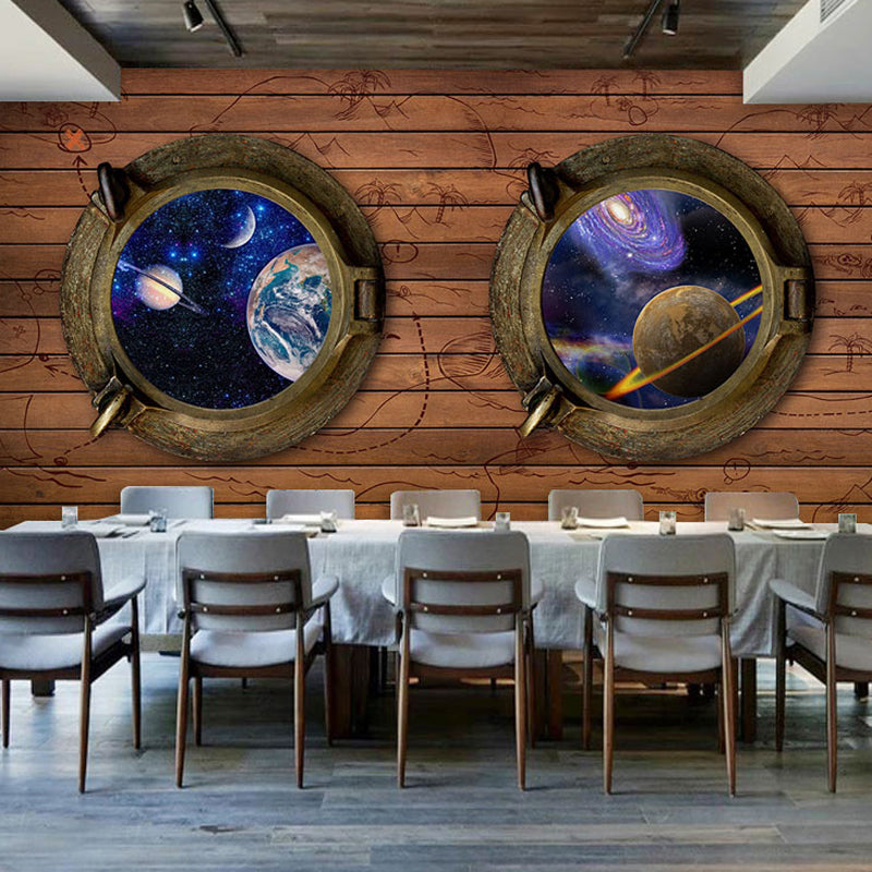 Decorative Galaxy and Wood Mural Custom-Made Wall Decor for Coffee Shop Brown Clearhalo 'Wall Decor' 'Wall Mural' 962603