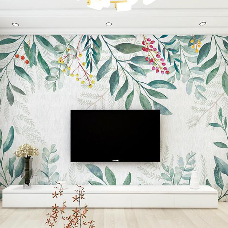 Full Nordic Mural Wallpaper Pastel Green Leaf and Stem Wall Decor, Made to Measure Green Clearhalo 'Wall Decor' 'Wall Mural' 962614