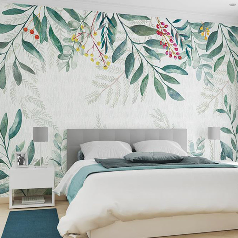 Full Nordic Mural Wallpaper Pastel Green Leaf and Stem Wall Decor, Made to Measure Clearhalo 'Wall Decor' 'Wall Mural' 962616