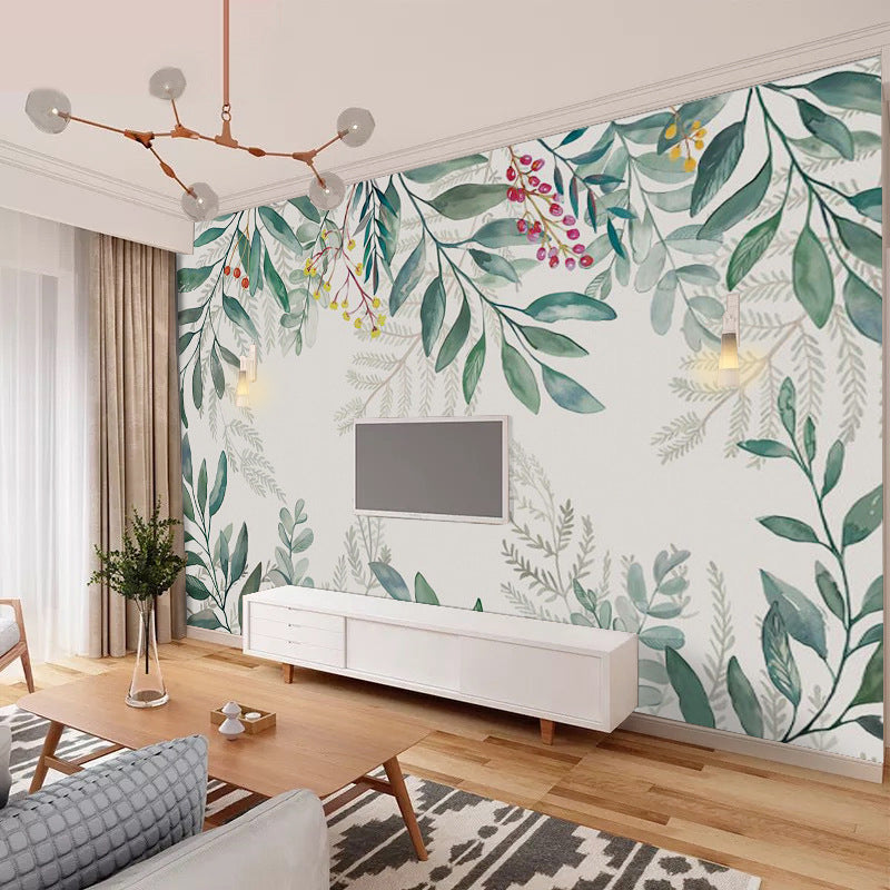 Full Nordic Mural Wallpaper Pastel Green Leaf and Stem Wall Decor, Made to Measure Clearhalo 'Wall Decor' 'Wall Mural' 962617