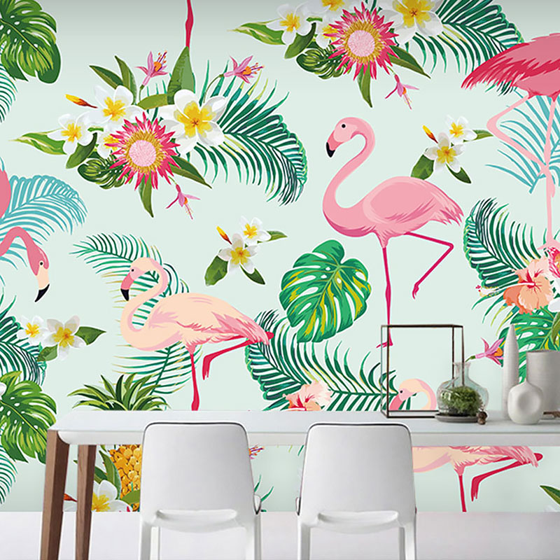 Romantic Flamingo and Leaf Mural for Accent Wall Simple Wall Covering, Custom Size Available Blue-Pink Clearhalo 'Wall Decor' 'Wall Mural' 962688