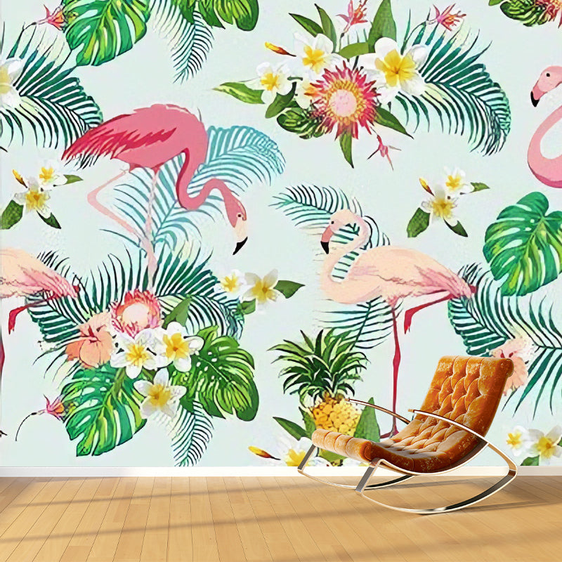 Romantic Flamingo and Leaf Mural for Accent Wall Simple Wall Covering, Custom Size Available Clearhalo 'Wall Decor' 'Wall Mural' 962689