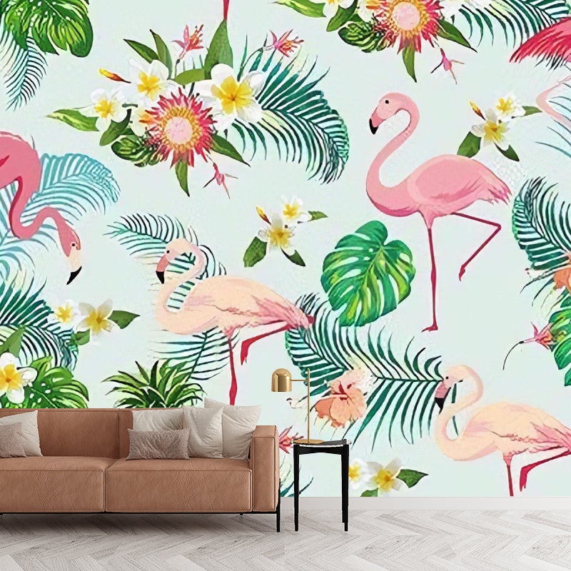 Romantic Flamingo and Leaf Mural for Accent Wall Simple Wall Covering, Custom Size Available Clearhalo 'Wall Decor' 'Wall Mural' 962690