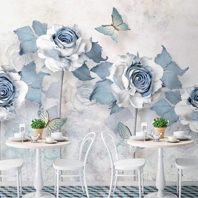 Classic Rose Mural Wallpaper for Girl's Bedroom, Custom-Printed Wall Decor in Blue and White Light Blue Clearhalo 'Wall Decor' 'Wall Mural' 962708