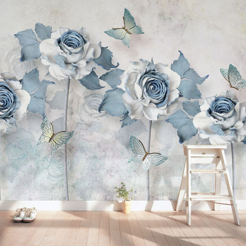 Classic Rose Mural Wallpaper for Girl's Bedroom, Custom-Printed Wall Decor in Blue and White Clearhalo 'Wall Decor' 'Wall Mural' 962709