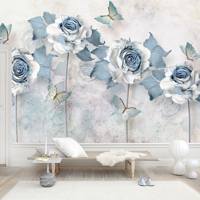 Classic Rose Mural Wallpaper for Girl's Bedroom, Custom-Printed Wall Decor in Blue and White Clearhalo 'Wall Decor' 'Wall Mural' 962710