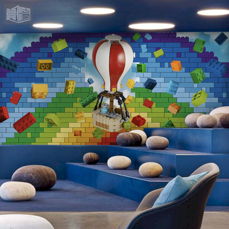 Full Illustration Contemporary Mural Wallpaper for Children with Toy Brick and Balloon Design in Multi-Color Aqua Clearhalo 'Wall Decor' 'Wall Mural' 962723