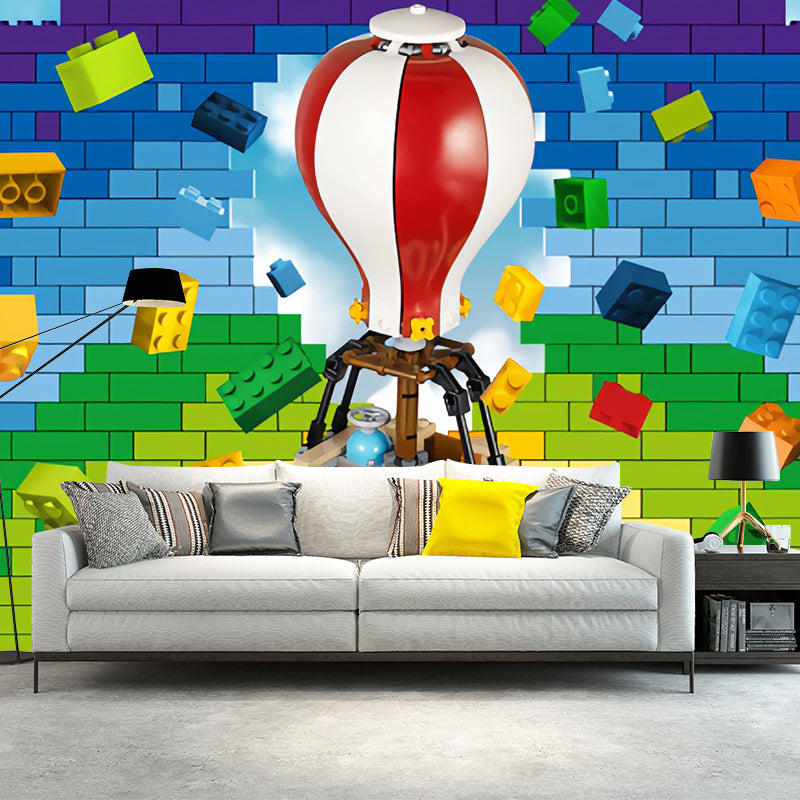 Full Illustration Contemporary Mural Wallpaper for Children with Toy Brick and Balloon Design in Multi-Color Clearhalo 'Wall Decor' 'Wall Mural' 962724