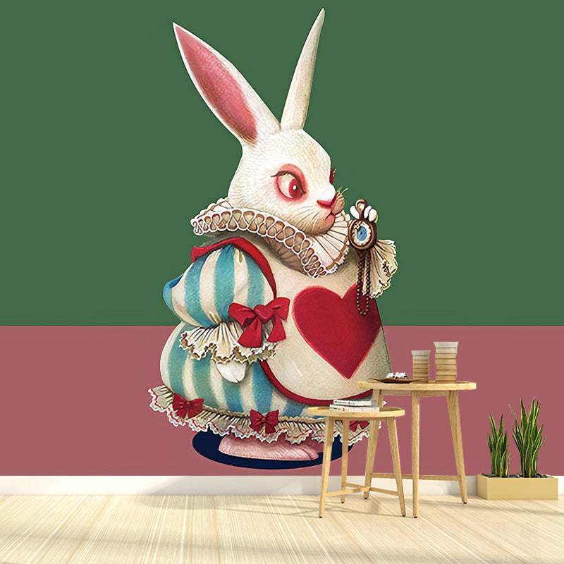 Cute Rabbit Wall Decor Green and Red Minimalist Wall Mural for Children's Bedroom Clearhalo 'Wall Decor' 'Wall Mural' 962874