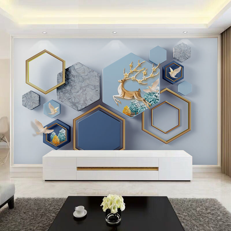 Decorative Hexagon Wall Covering Non-Woven Fabric Wall Mural for Cafe Blue Clearhalo 'Wall Decor' 'Wall Mural' 962877