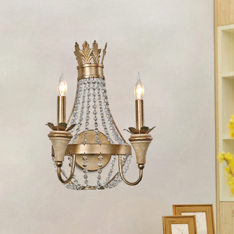 2 Bulbs Wall Sconce Lighting Farmhouse Crystal Strand Candelabra Wall Mounted Lamp in Gold Gold Clearhalo 'Wall Lamps & Sconces' 'Wall Lights' Lighting' 963589