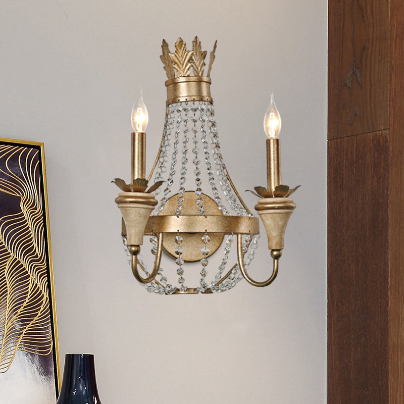 2 Bulbs Wall Sconce Lighting Farmhouse Crystal Strand Candelabra Wall Mounted Lamp in Gold Clearhalo 'Wall Lamps & Sconces' 'Wall Lights' Lighting' 963590