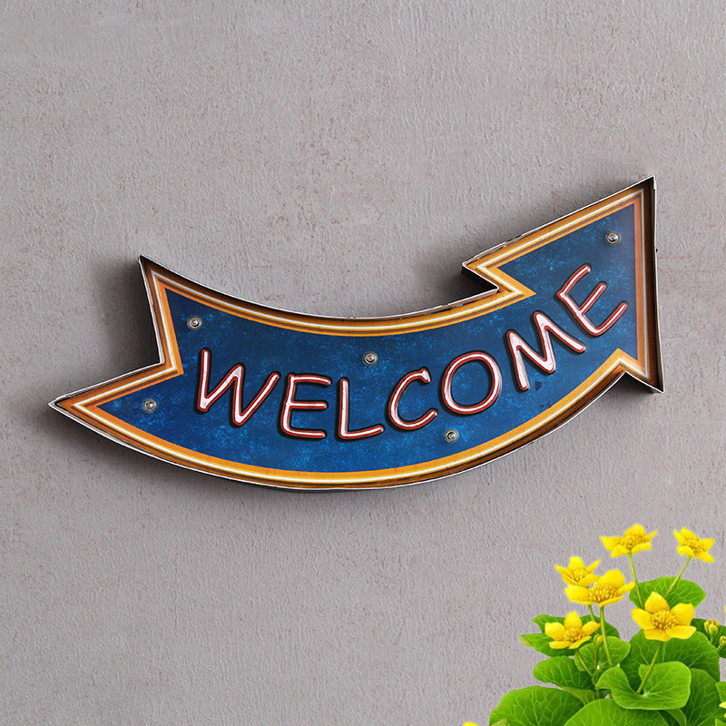 Welcome Direction Arrow Sign Wall Lamp Retro Metallic Beer Bar LED Night Light in Blue Blue Clearhalo 'Night Lights' 'Wall Lights' Lighting' 964195