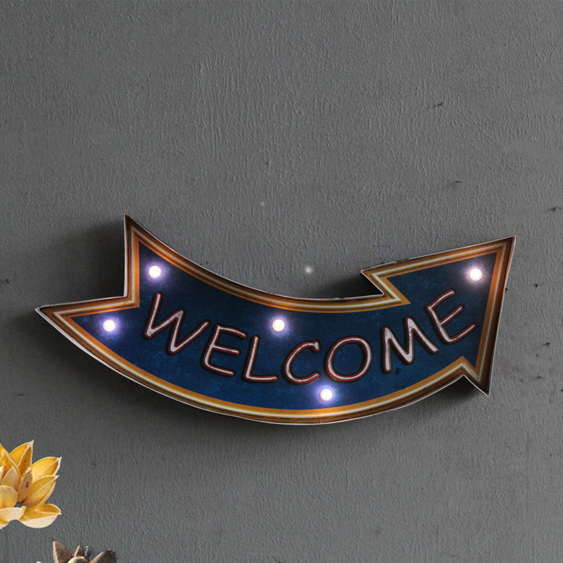 Welcome Direction Arrow Sign Wall Lamp Retro Metallic Beer Bar LED Night Light in Blue Clearhalo 'Night Lights' 'Wall Lights' Lighting' 964196