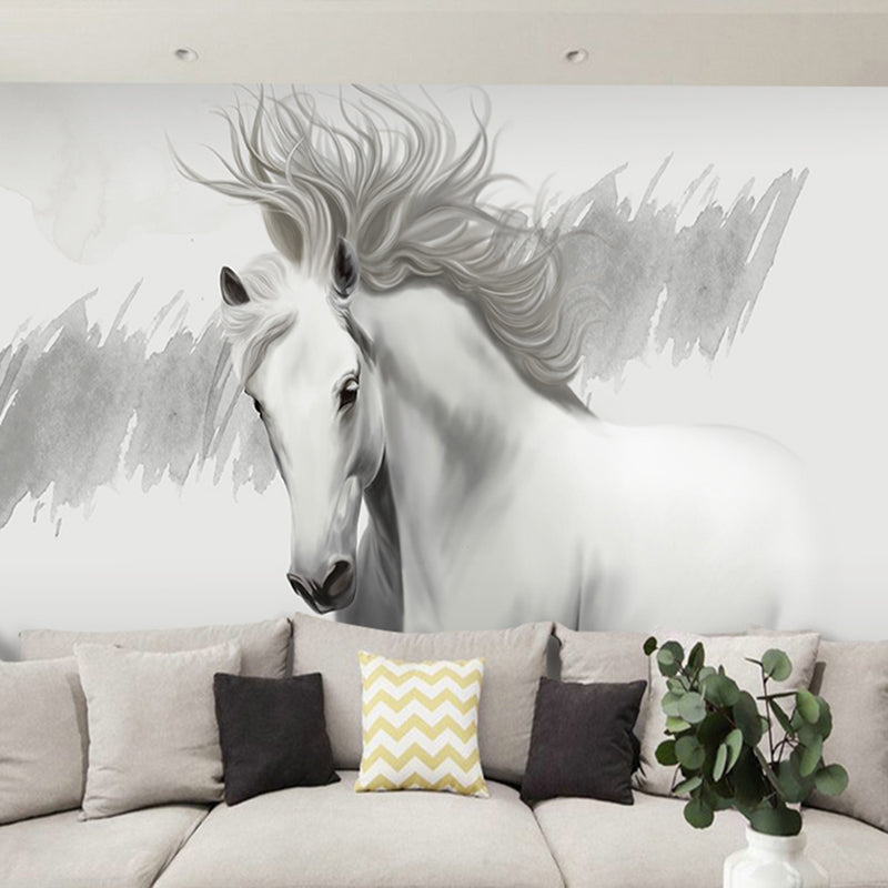 Minimalist Horse Wall Art in Grey and White Coffee Shop Mural Wallpaper, Personalized Size Available Clearhalo 'Wall Decor' 'Wall Mural' 965023