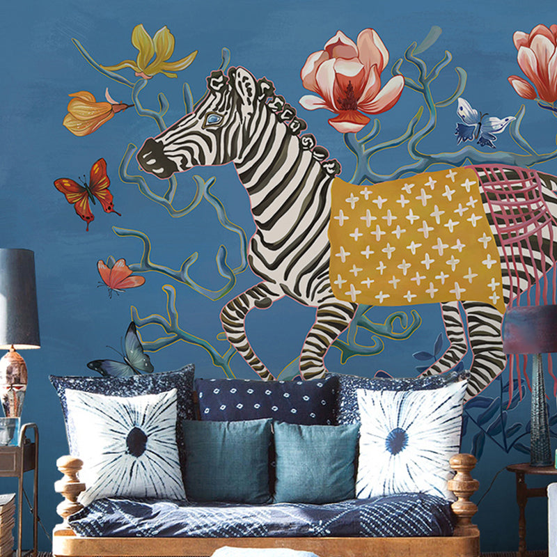 Classic Zebra and Flower Mural for Accent Wall, Big Wall Covering in Natural Color Black-White-Blue-Pink-Yellow Clearhalo 'Wall Decor' 'Wall Mural' 965032