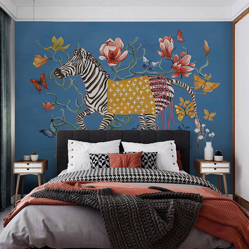 Classic Zebra and Flower Mural for Accent Wall, Big Wall Covering in Natural Color Clearhalo 'Wall Decor' 'Wall Mural' 965034