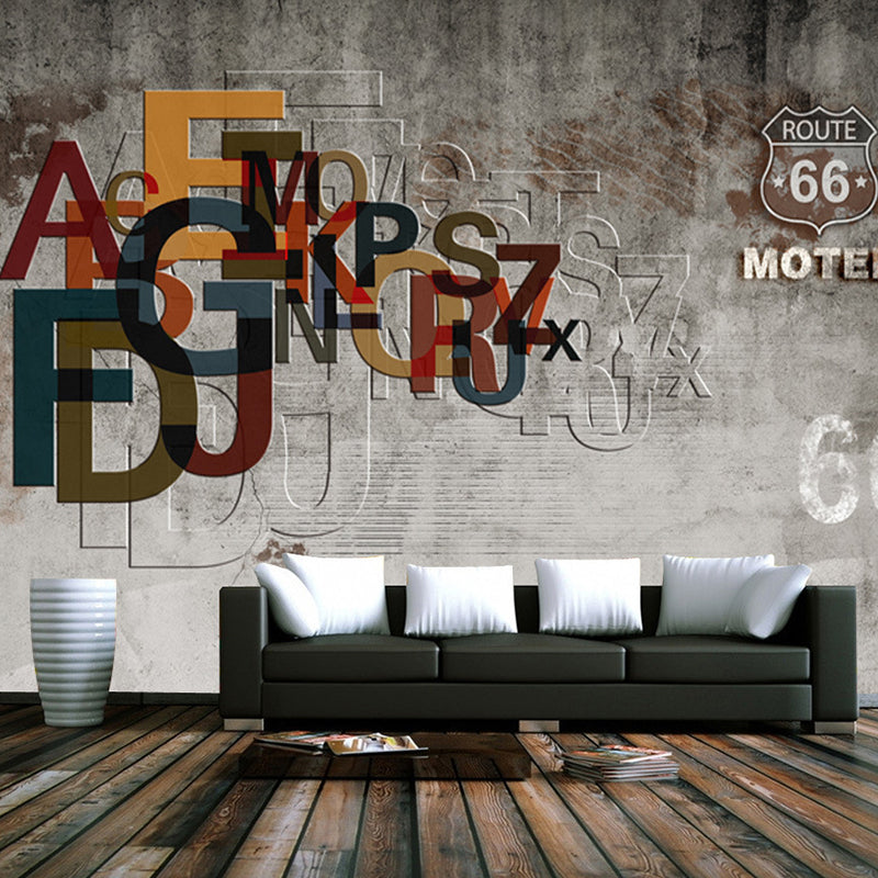 Retro Letter and Cement Mural Wallpaper in Grey Coffee Shop Wall Covering, Made to Measure Grey Clearhalo 'Wall Decor' 'Wall Mural' 965047