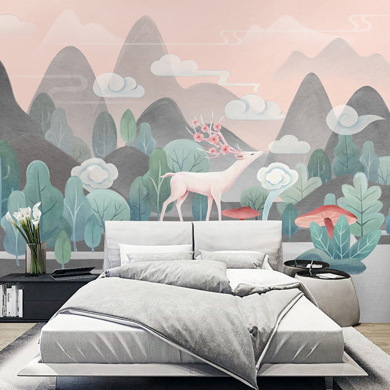 Contemporary Grey and Green Mural with Deer and Mountain Pattern for Commercial Use, Non-Woven Material Gray-Green Clearhalo 'Wall Decor' 'Wall Mural' 965057