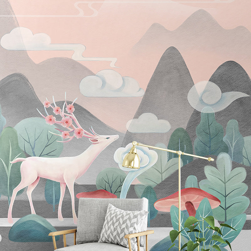 Contemporary Grey and Green Mural with Deer and Mountain Pattern for Commercial Use, Non-Woven Material Clearhalo 'Wall Decor' 'Wall Mural' 965058