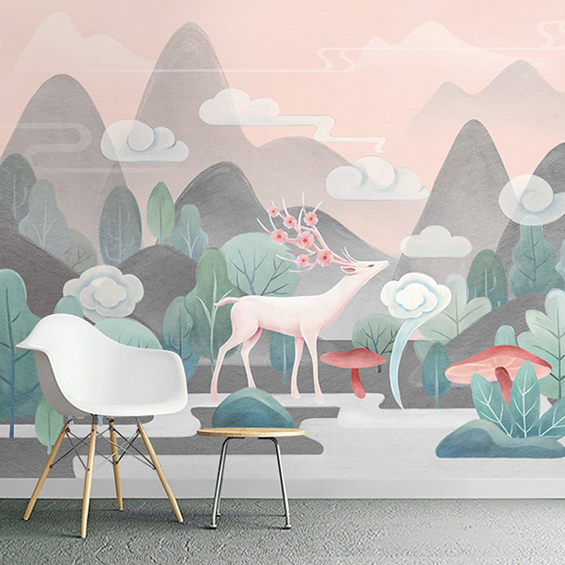 Contemporary Grey and Green Mural with Deer and Mountain Pattern for Commercial Use, Non-Woven Material Clearhalo 'Wall Decor' 'Wall Mural' 965059