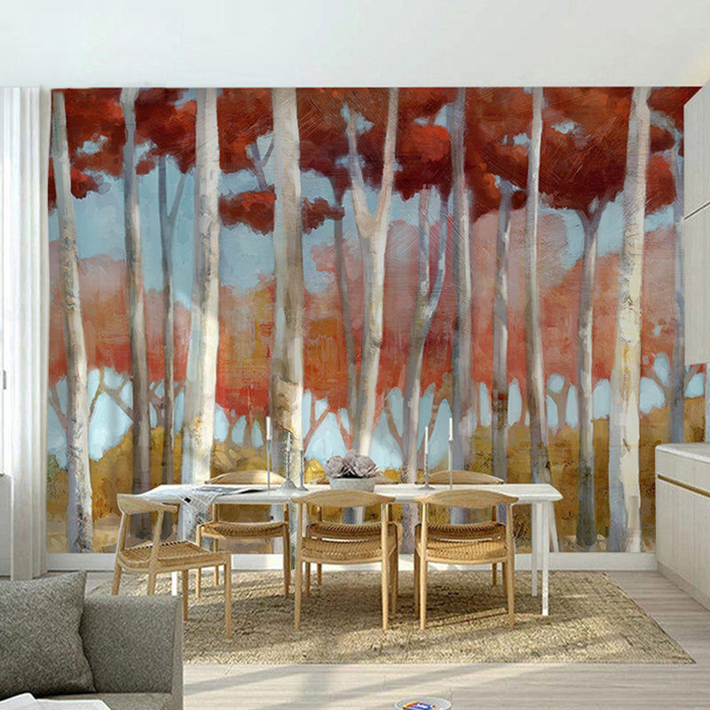 Red Forest Wall Covering Moisture-Resistant Wall Mural for Coffee Shop Clearhalo 'Wall Decor' 'Wall Mural' 965132