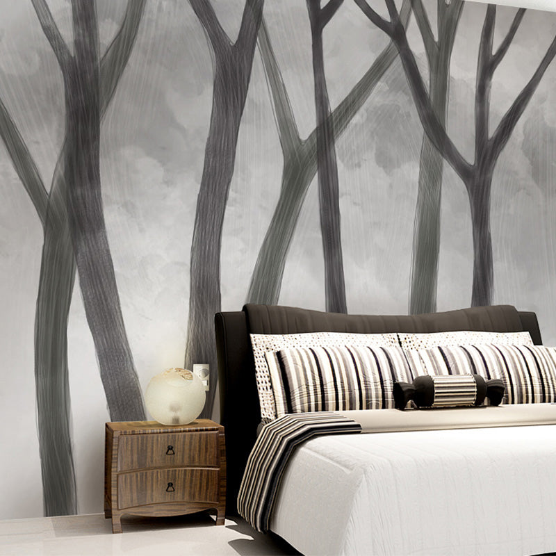 Aesthetic Grey Tree Mural Wallpaper for Living Room and Gallery, Non-Woven Material Grey Clearhalo 'Wall Decor' 'Wall Mural' 965146