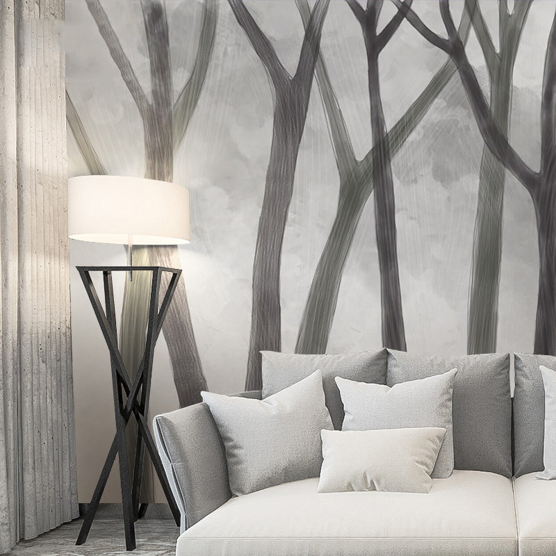 Aesthetic Grey Tree Mural Wallpaper for Living Room and Gallery, Non-Woven Material Clearhalo 'Wall Decor' 'Wall Mural' 965148