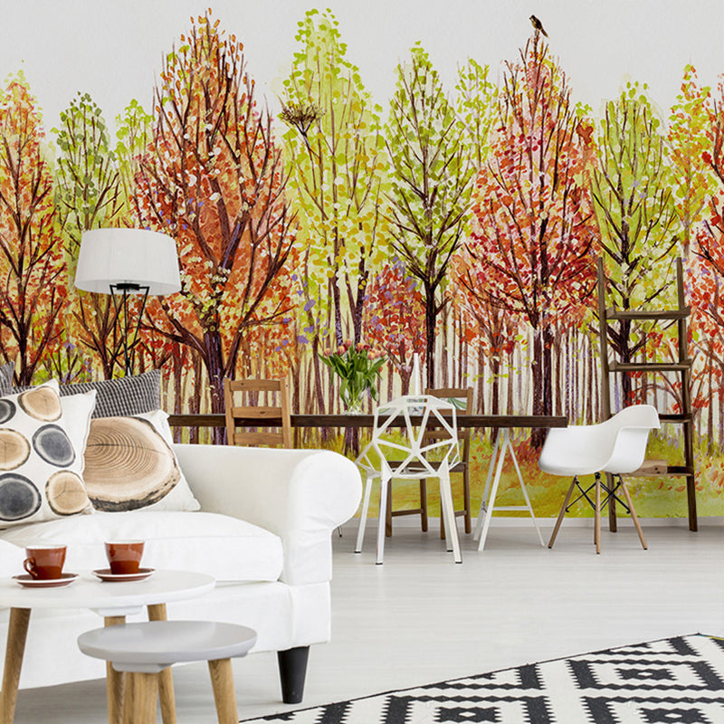 Giant Illustration Style Forest Mural Wallpaper for Accent Wall, Green and Red, Personalized Size Available Clearhalo 'Wall Decor' 'Wall Mural' 965162