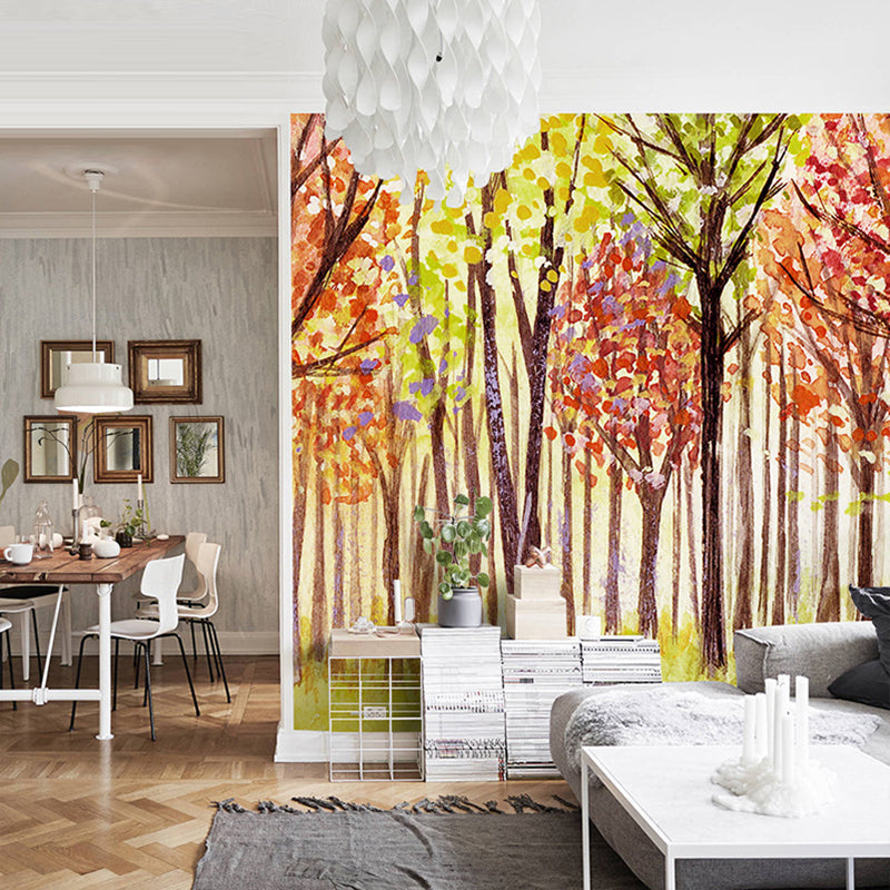 Giant Illustration Style Forest Mural Wallpaper for Accent Wall, Green and Red, Personalized Size Available Clearhalo 'Wall Decor' 'Wall Mural' 965163