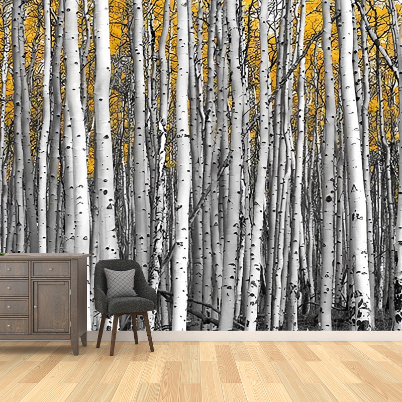 Big Photo Style Simple Mural for Home Decoration with Birch Tree Design in Grey and Yellow Clearhalo 'Wall Decor' 'Wall Mural' 965168