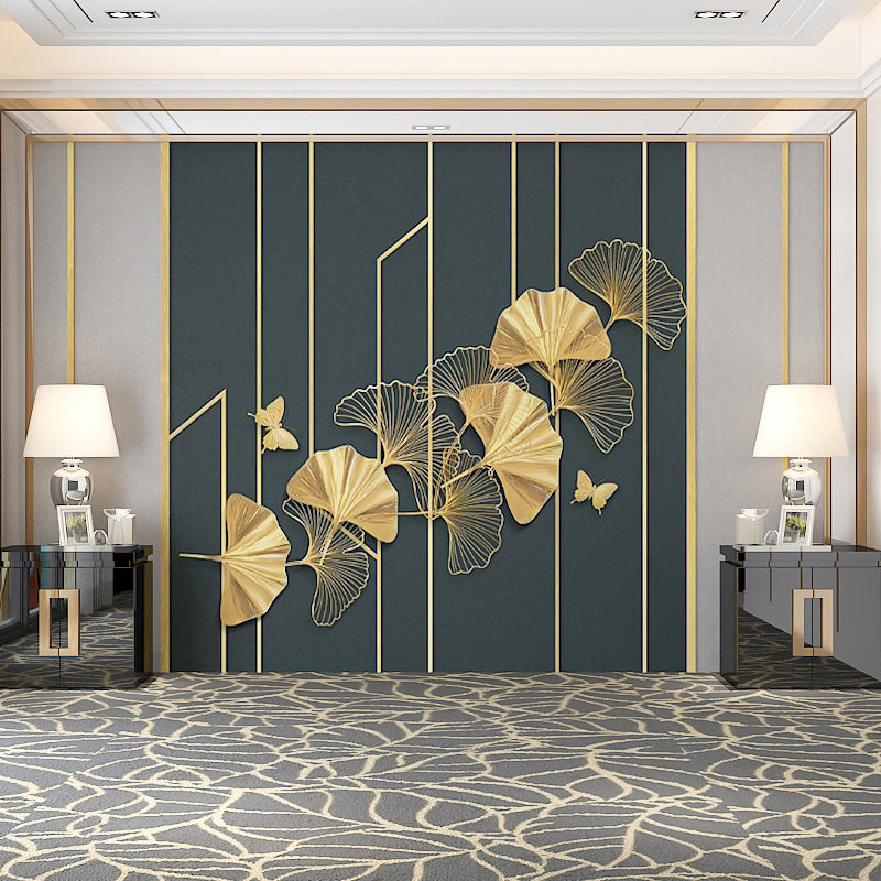 Whole Ginkgo and Butterfly Mural Blackish Green Non-Woven Material Wall Covering for Coffee Shop, Made to Measure Gold Clearhalo 'Wall Decor' 'Wall Mural' 965211