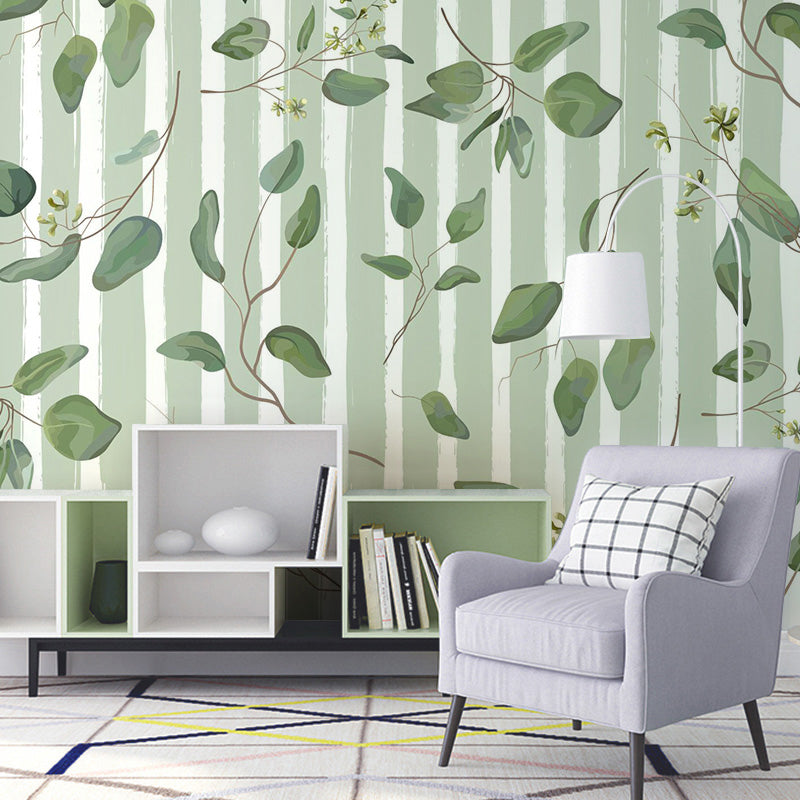 Whole Contemporary Mural Wallpaper Pastel Green Leaf and Stripe Wall Covering, Personalized Size Available Clearhalo 'Wall Decor' 'Wall Mural' 965267