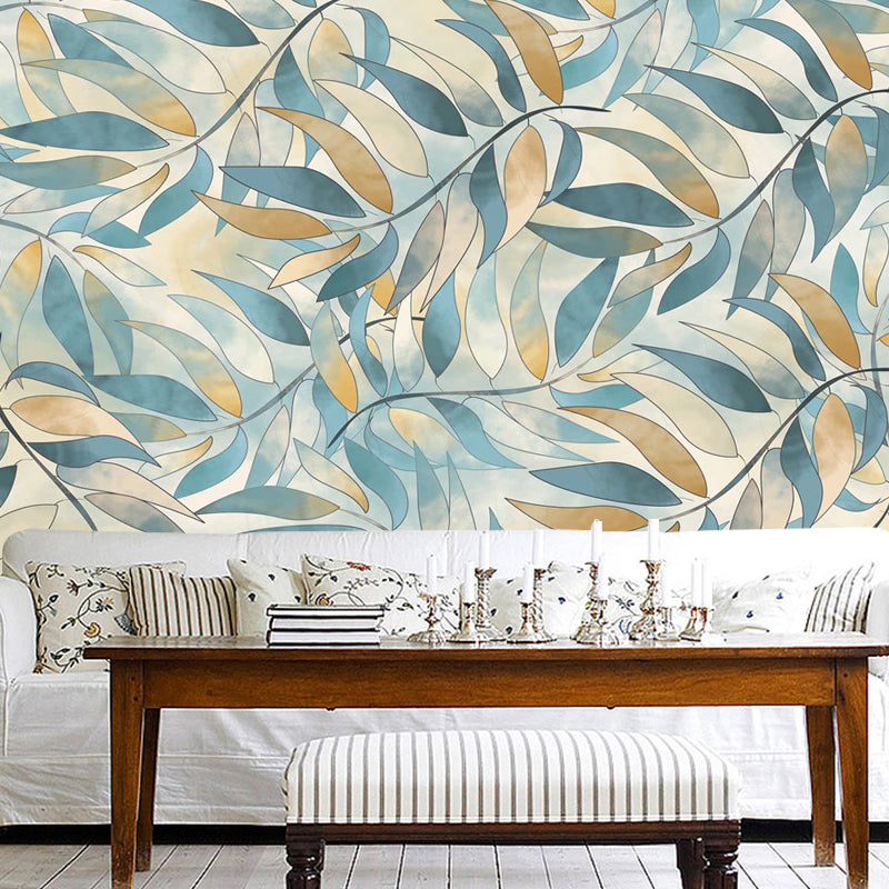 Moisture-Resistant Luxurious Leaf Mural Tropical Wall Covering in Blue and Coffee for Accent Wall Blue Coffee Clearhalo 'Wall Decor' 'Wall Mural' 965281