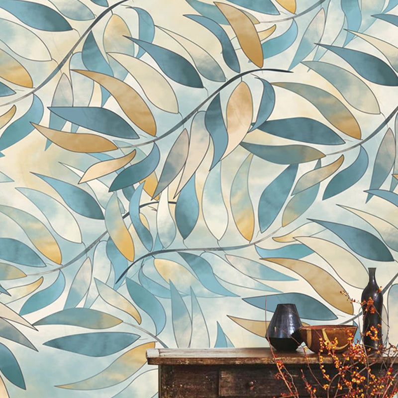 Moisture-Resistant Luxurious Leaf Mural Tropical Wall Covering in Blue and Coffee for Accent Wall Clearhalo 'Wall Decor' 'Wall Mural' 965282