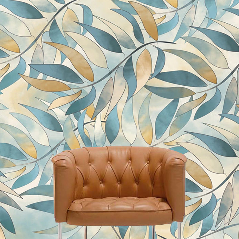 Moisture-Resistant Luxurious Leaf Mural Tropical Wall Covering in Blue and Coffee for Accent Wall Clearhalo 'Wall Decor' 'Wall Mural' 965283