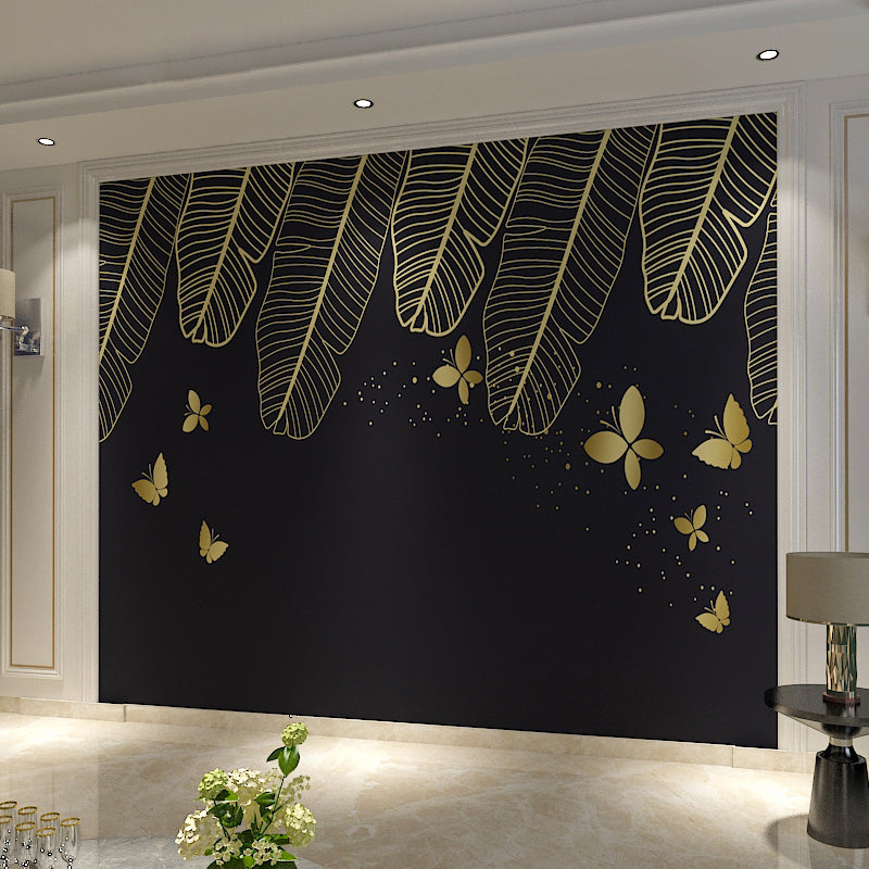 Big Illustration Style Leaf Mural for Living Room in Gold and Black, Personalized Size Available Clearhalo 'Wall Decor' 'Wall Mural' 965297