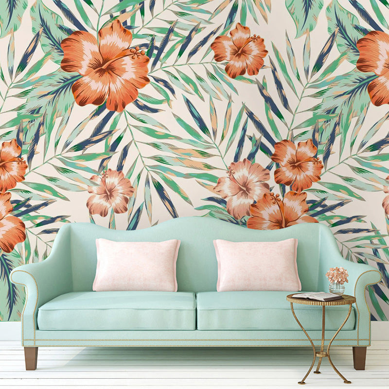 Orange and Green Flower Mural Water-Resistant Wall Covering for Coffee Shop Orange-Green Clearhalo 'Wall Decor' 'Wall Mural' 965306