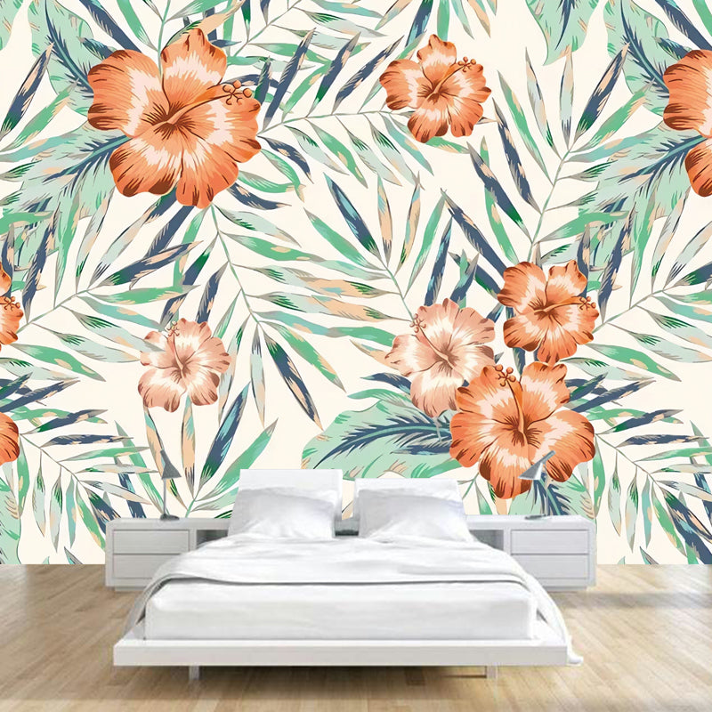 Orange and Green Flower Mural Water-Resistant Wall Covering for Coffee Shop Clearhalo 'Wall Decor' 'Wall Mural' 965307