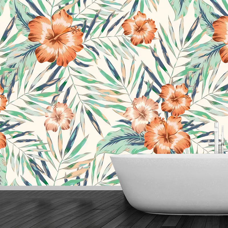 Orange and Green Flower Mural Water-Resistant Wall Covering for Coffee Shop Clearhalo 'Wall Decor' 'Wall Mural' 965308