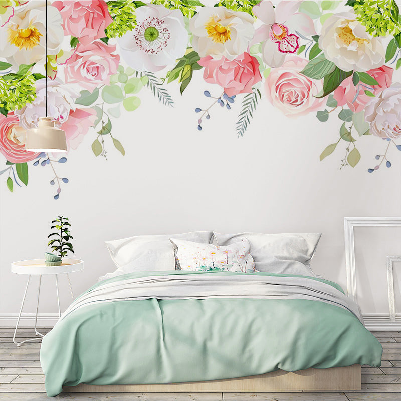 Illustration Style Floral Design Mural Extra Large Wall Covering for Living Room, Made to Measure Pink Clearhalo 'Wall Decor' 'Wall Mural' 965311