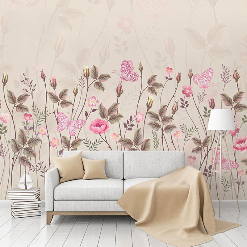 Personalized Branch and Butterfly Mural for Accent Wall Fantasy Blossom in Pink, Stain Resistant Pink Clearhalo 'Wall Decor' 'Wall Mural' 965331