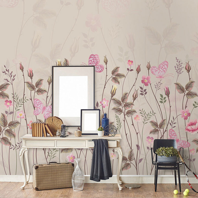 Personalized Branch and Butterfly Mural for Accent Wall Fantasy Blossom in Pink, Stain Resistant Clearhalo 'Wall Decor' 'Wall Mural' 965332