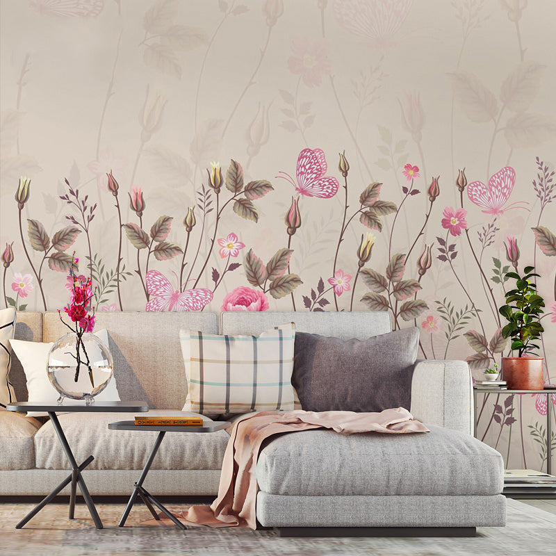 Personalized Branch and Butterfly Mural for Accent Wall Fantasy Blossom in Pink, Stain Resistant Clearhalo 'Wall Decor' 'Wall Mural' 965333