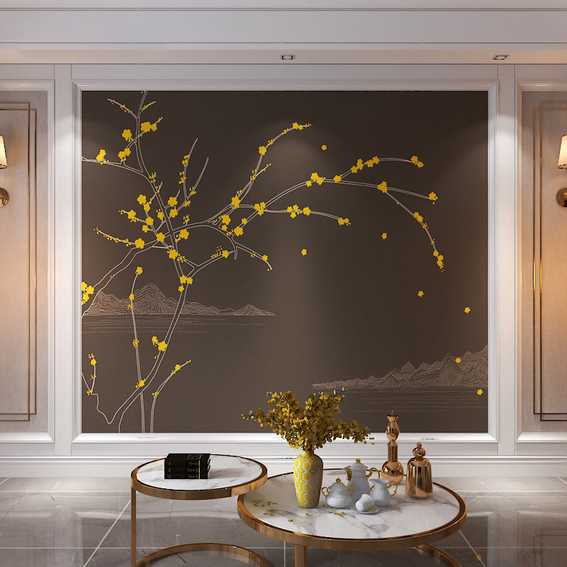 Plum Blossom Mural Wallpaper in Yellow and Grey, Classic Wall Art for Accent Wall Black Clearhalo 'Wall Decor' 'Wall Mural' 965351