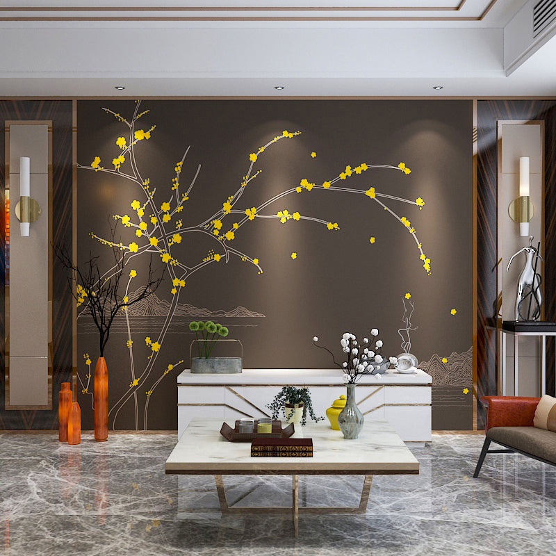 Plum Blossom Mural Wallpaper in Yellow and Grey, Classic Wall Art for Accent Wall Clearhalo 'Wall Decor' 'Wall Mural' 965352