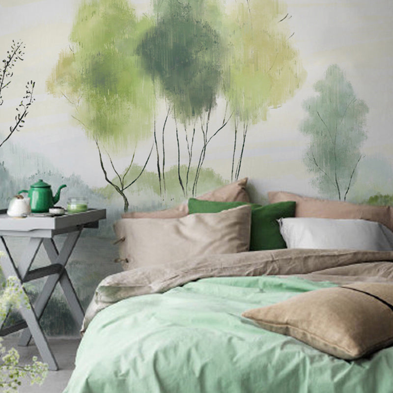 Fresh Green Mural with Tree and Mountain Pattern for Living Room, Soft Green, Custom Size Available Clearhalo 'Wall Decor' 'Wall Mural' 965368